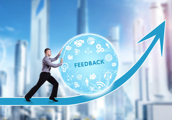 Technology, the Internet, business and network concept. A young businessman overcomes an obstacle to success: Feedback