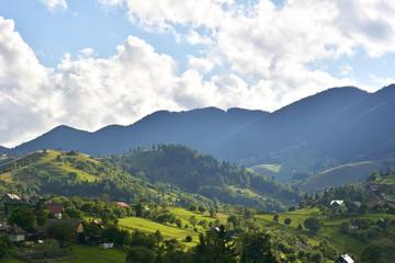 Green hills in mountain valley. spring landscape