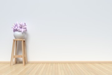 Flower pot on a chair on a wooden floor with white walls,3D rendering