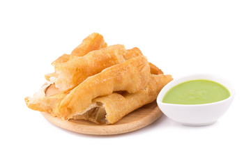 deep fried dough stick and steamed custard on white background