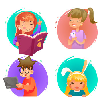 Cute happy children boy and girls characters set cartoon design vector illustration