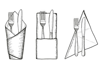 Fork and knife on napkin vector sketch set
