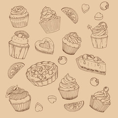 Set of cupcakes, fresh lemon slices and sugar pieces on beige background. Hand drawn vector illustration.