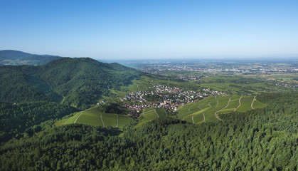 Naklejka premium View from the Yburg to the Rhine valley in the middle the village Varnhalt_Baden-Baden_Germany