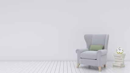 Sofa and book on empty white wall background modern,3D rendering