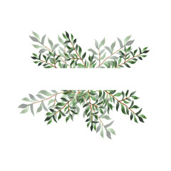 Abstract green leaf border on white background. Design for wedding invitation or greeting card.Hand drawn watercolor vector illustration.