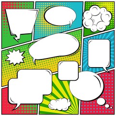 Abstract creative concept vector comic pop art style blank, layout template with clouds beams and isolated dots background. For sale banner, empty speech bubble set, illustration halftone book design.