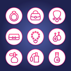 accessories, jewelry, perfume line icons set, ring, bag, pendant, necklace, earrings, scent, vector illustration