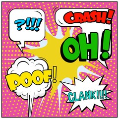 Fototapeta premium Abstract creative concept vector comic pop art style blank, layout template with clouds beams and isolated dots background. For sale banner, empty speech bubble set, illustration halftone book design.