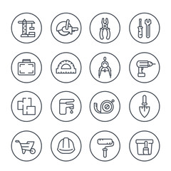 construction and renovation line icons in circles over white, vector illustration