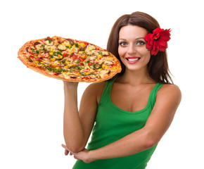 Smiling woman with big pizza isolated on a white