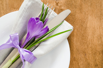 Spring Festive Table Setting With Fresh Flower.