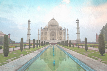 Taj Mahal India in painting water color effect for background content.