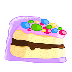 Cartoon icon of a piece of vanilla sponge cake with chocolate sauce and sprinkles.