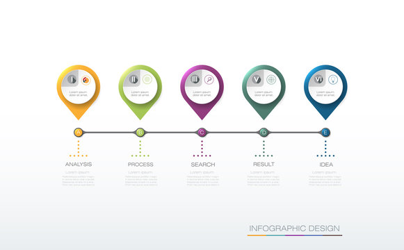 Vector infographics timeline design template with label and icons, 5 options or steps. Can be used for content, business, process infographics, diagram chart, flowchart, process diagram, time line