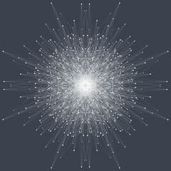 Fractal element with connected lines and dots. Big data complex. Particle compounds. Network connection, lines plexus. Minimalistic chaotic design, vector illustration.