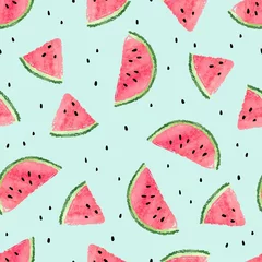 Fotobehang Watermeloen Naadloos watermeloenpatroon. Vector zomer achtergrond met aquarel watermeloen plakjes.