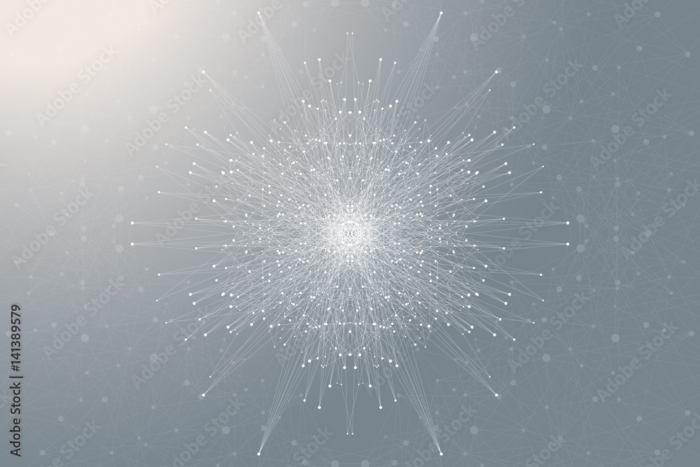 Poster Fractal element with connected lines and dots. Big data complex. Particle compounds. Network connection, lines plexus. Minimalistic chaotic design, vector illustration.