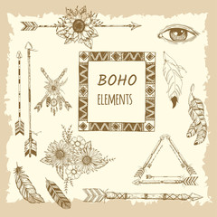 Beautiful boho elements . buffalo skull, arrows, feathers and flowers