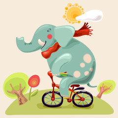 Happy elephant is riding a bicycle along the sunny green glade