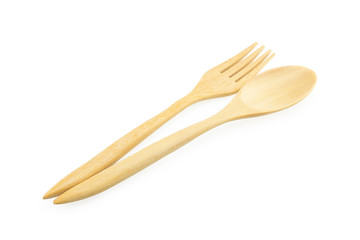 Wooden fork and spoon isolated on white background.