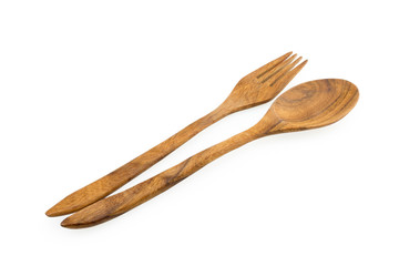 Wooden fork and spoon isolated on white background.
