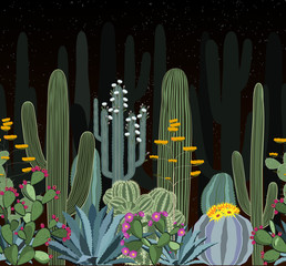 Seamless pattern with cactus. Wild cactus forest at night © Toltemara
