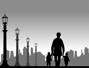 Grandmother walking with grandchildren on the street, one in the series of similar images silhouette