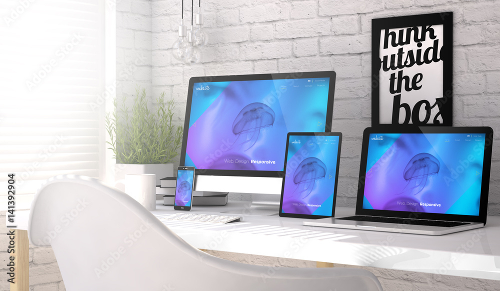 Sticker devices collection workplace with website responsive design