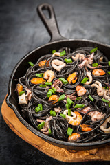 Black spaghetti with seafood