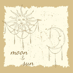 Obraz premium Vector illustration of Moon and Sun with faces