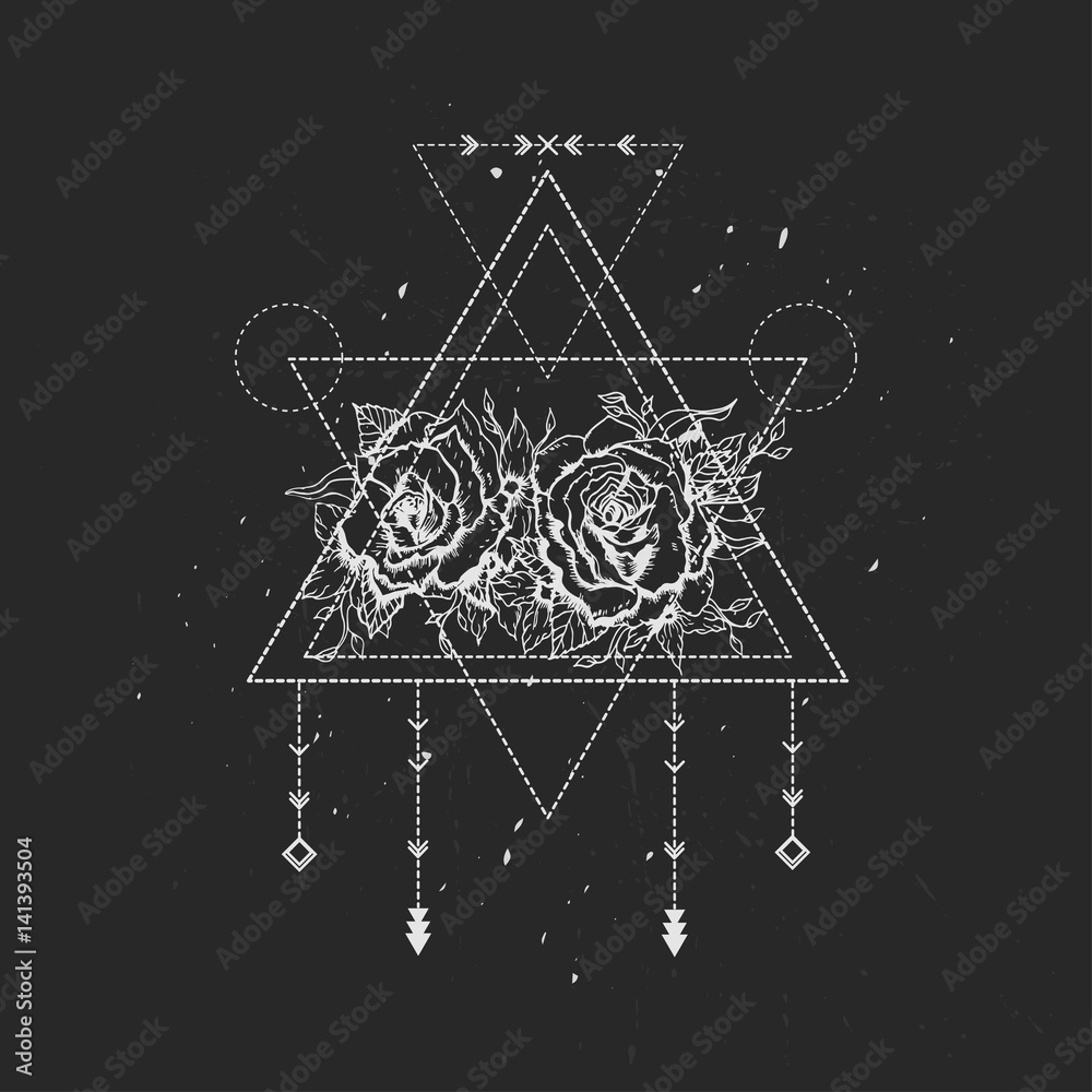 Wall mural sacred geometry, roses. tattoo design, mystic symbol. boho hipster design.