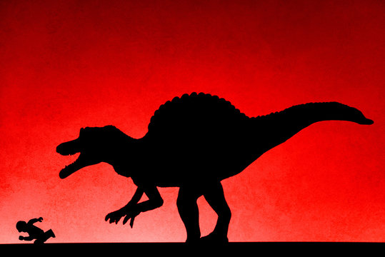 shadow of spinosaurus chasing human  on wall in red no logo or trademark