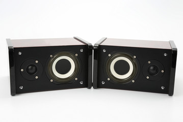 two stereo audio speakers on white background