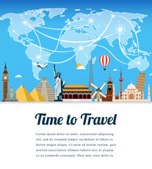 Travel composition with famous world landmarks. Travel and Tourism. Vector. Modern flat design.