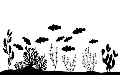 Fish clowns floating near seaweed on the sea bottom vector silhouette