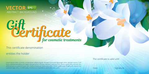 Gift certificate or voucher template for cosmetics treatments with spring floral background and place for your text. Use this vector layout for design your website or publications.