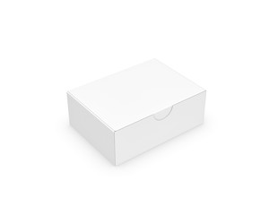 3d rendering of a white rectangular box with a closed attached lid on white background.