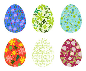 Set of bright colorful eggs decorated with floral patterns. Collection of easter symbols isolated on white