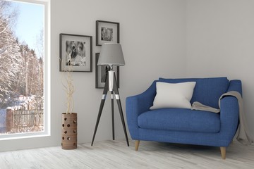 White room with armchair and winter landscape in window. Scandinavian interior design. 3D illustration