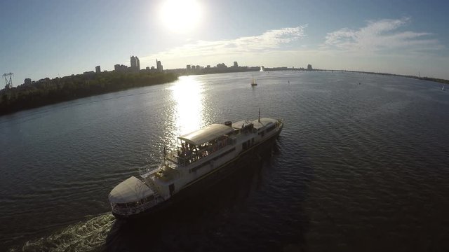 Flight over the ship which goes along the Dnieper river