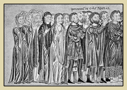 People in  procession with festive costumes, middle age representation, XII century