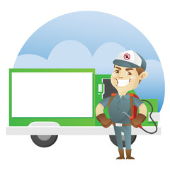 Pest control service standing in front of exterminator truck