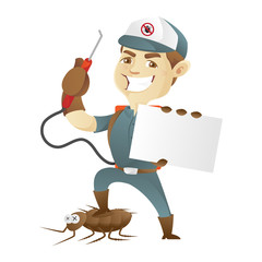 Pest control service killing cockroach and holding business card