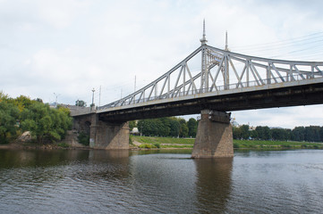 White openwork bridge over Volga river in Tver, Russia