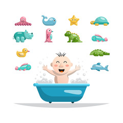 The set of toys on a white background isolated flat in which the child can play while bathing