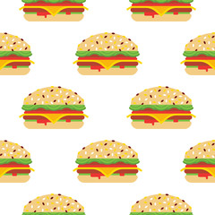Seamless pattern consisting of fast food, drawn in a flat style for wrapping paper or for printing on fabric. A pattern of hamburgers isolated on white background