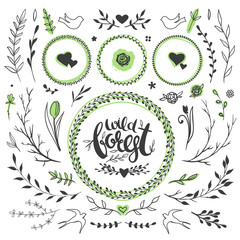 Wild forest floral collection with flowers, herbs, floral wreaths, birds and hearts isolated on white. Vector floral decorations isolated on white background.