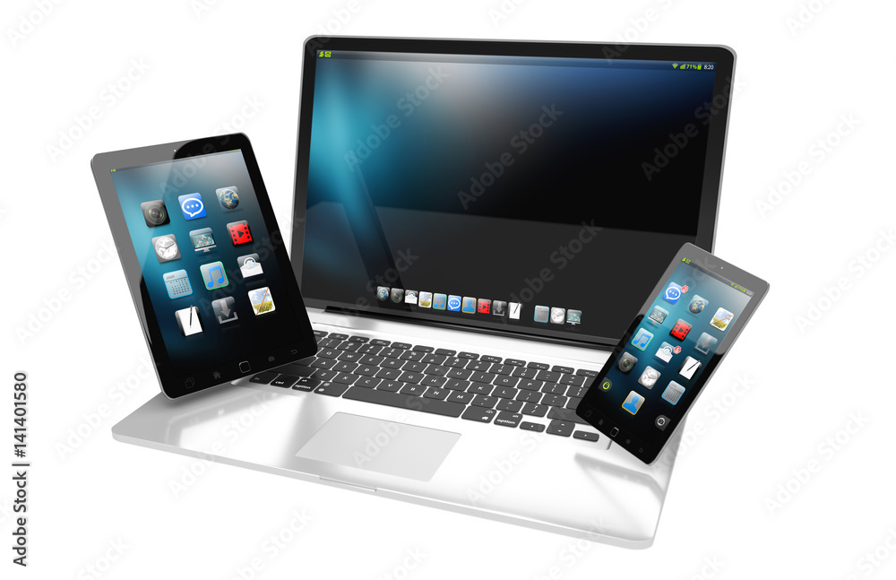 Poster laptop mobile phone and tablet connected to each other 3d rendering