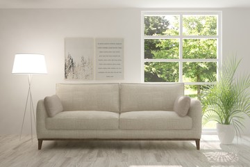White room with sofa and green landscape in window. Scandinavian interior design. 3D illustration